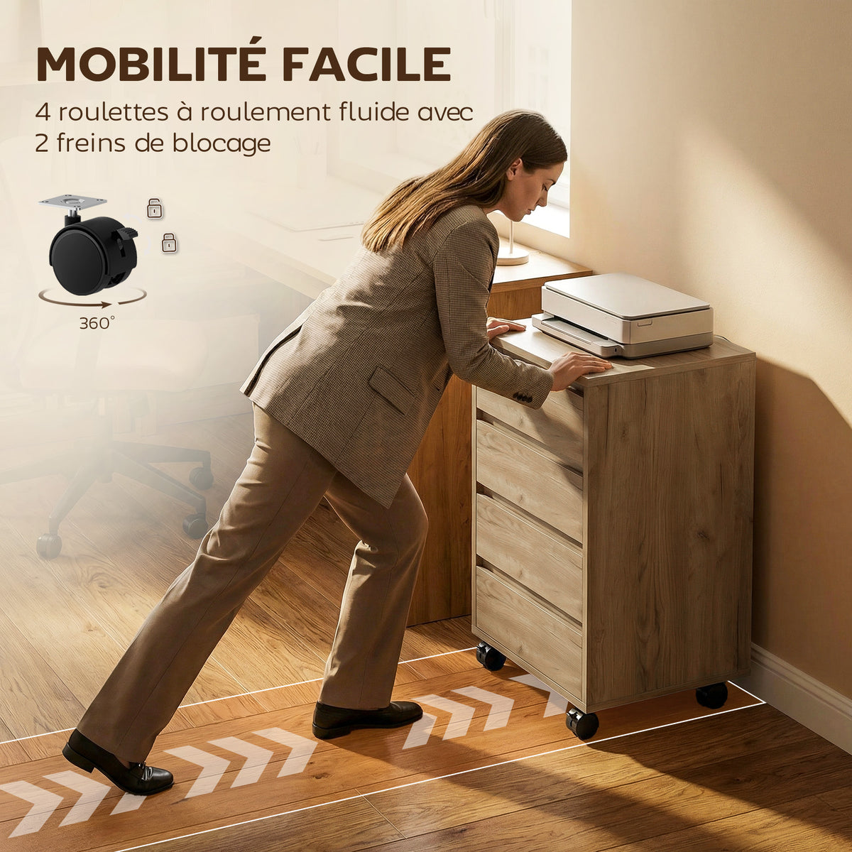 Caisson de bureau rangement bureau sur roulettes 4 tiroirs coulissants en bois aspect bois marron-3
