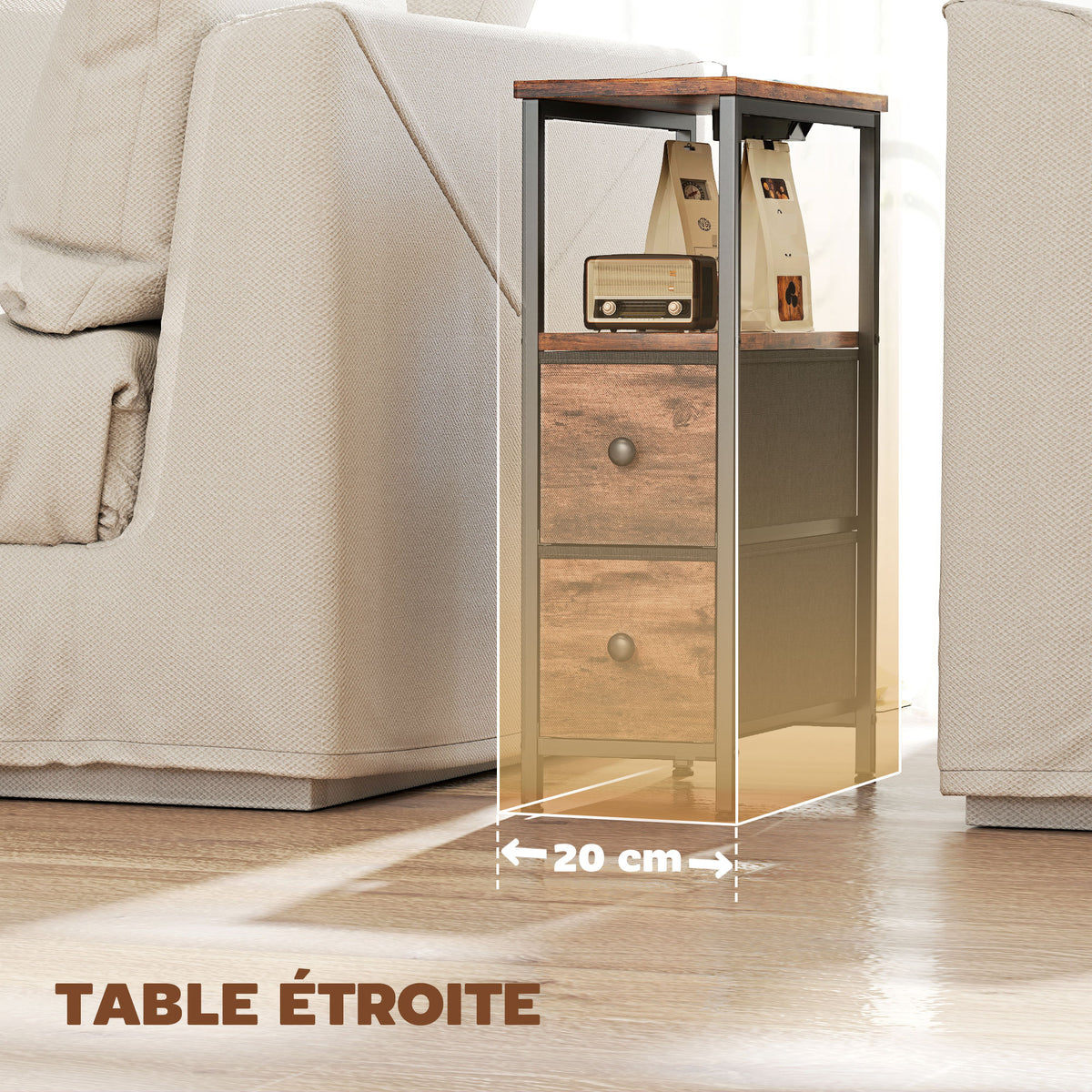 Table d'appoint avec station de charge, table de salon étroite avec 2 tiroirs en tissu, étagère ouverte, brun rustique-6