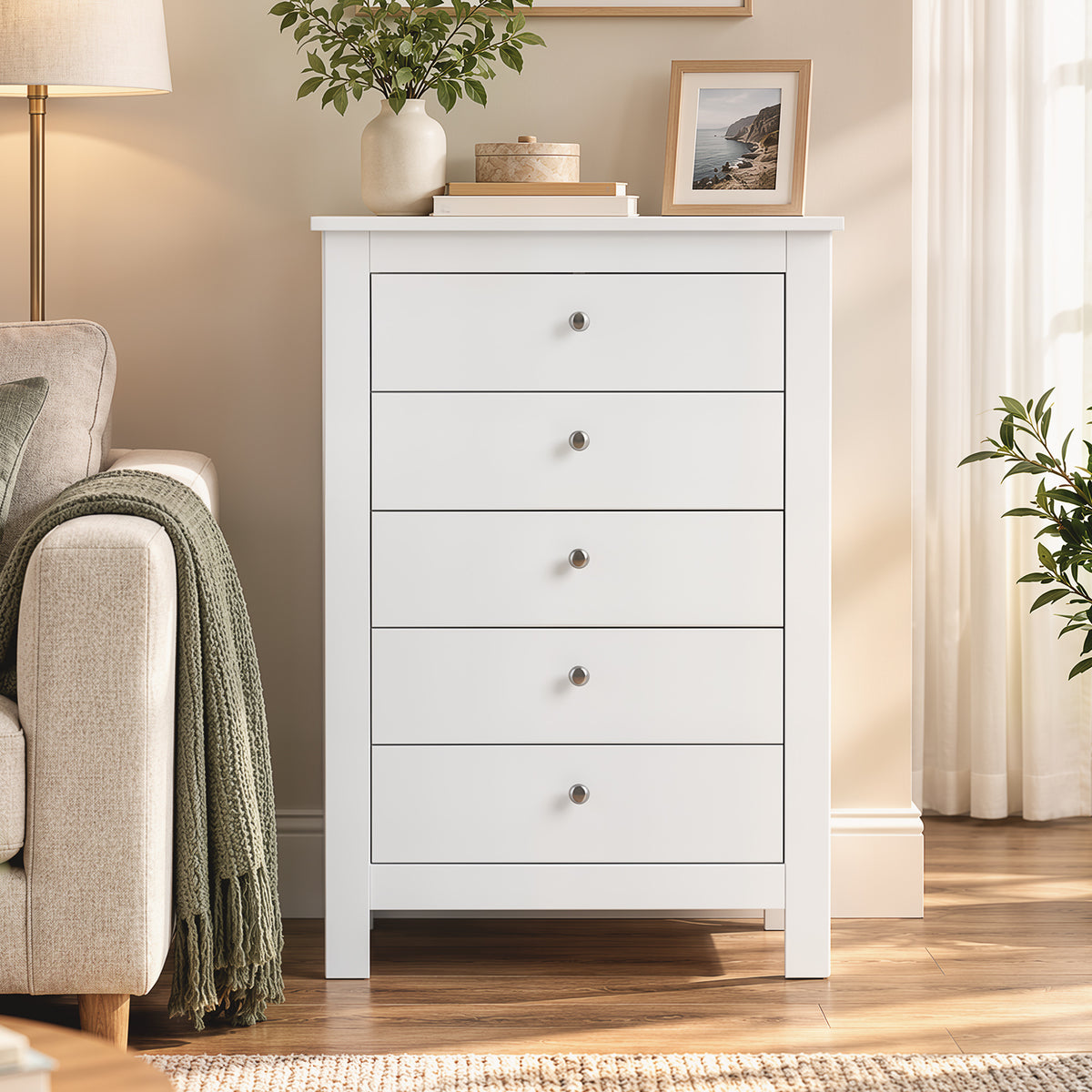 Commode 5 Tiroirs, Meuble de Rangement avec Glissières Fluides, Chiffonnier, Style Moderne, 60 x 39,5 x 95,3 cm, Blanc-7