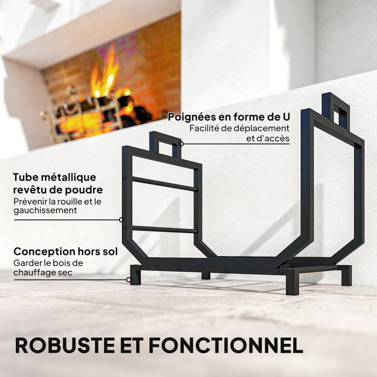 Range-bûches porte buche avec sac de transport et poignées pour intérieure, en métal robuste, 53 x 33 x 43 cm, noir-5
