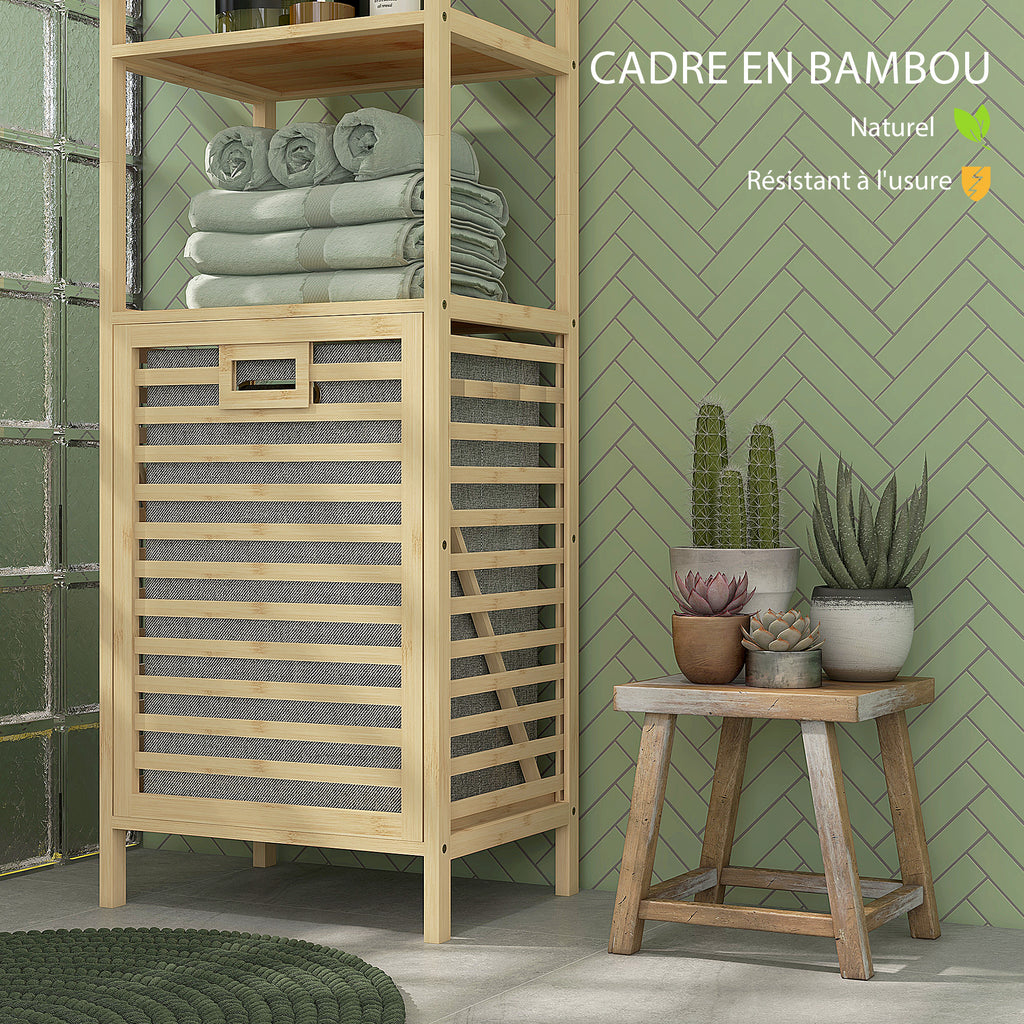 Etagère de rangement pour salle de bain en bambou avec 3 étagères et 1 panier à linge amovible 44L x 33l x 160H cm-5