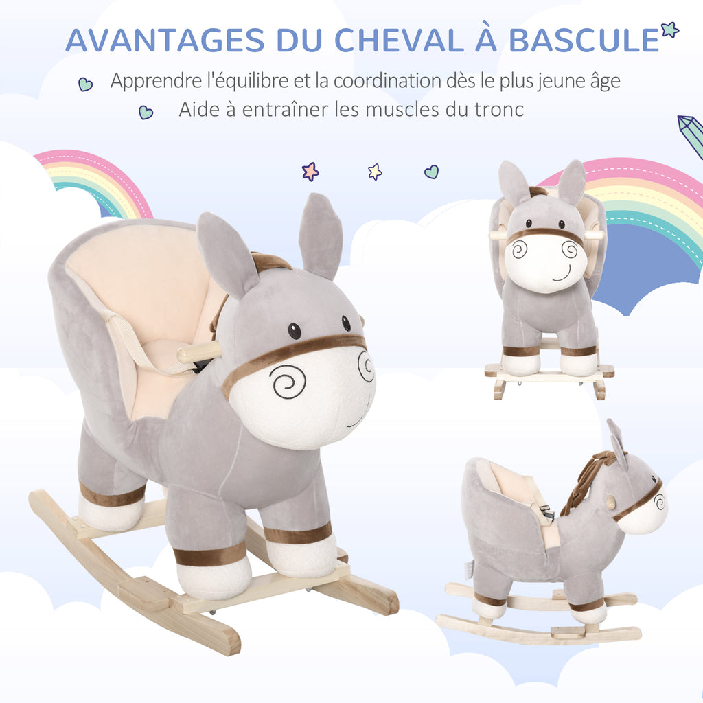 Cheval à Bascule modèle âne Fonction Musicale Selle Grand Confort Peluche Courte Douce Bois peuplier Gris dim. 61L x 34l x 58H cm-6