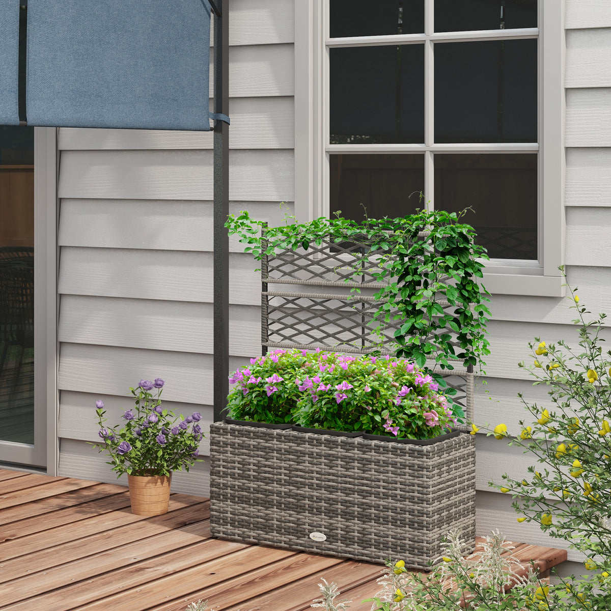 Jardinière pour plantes avec treillis 3 bacs à plante 33L en résine tressée et acier dim. 84L x 30L x 107H cm-9