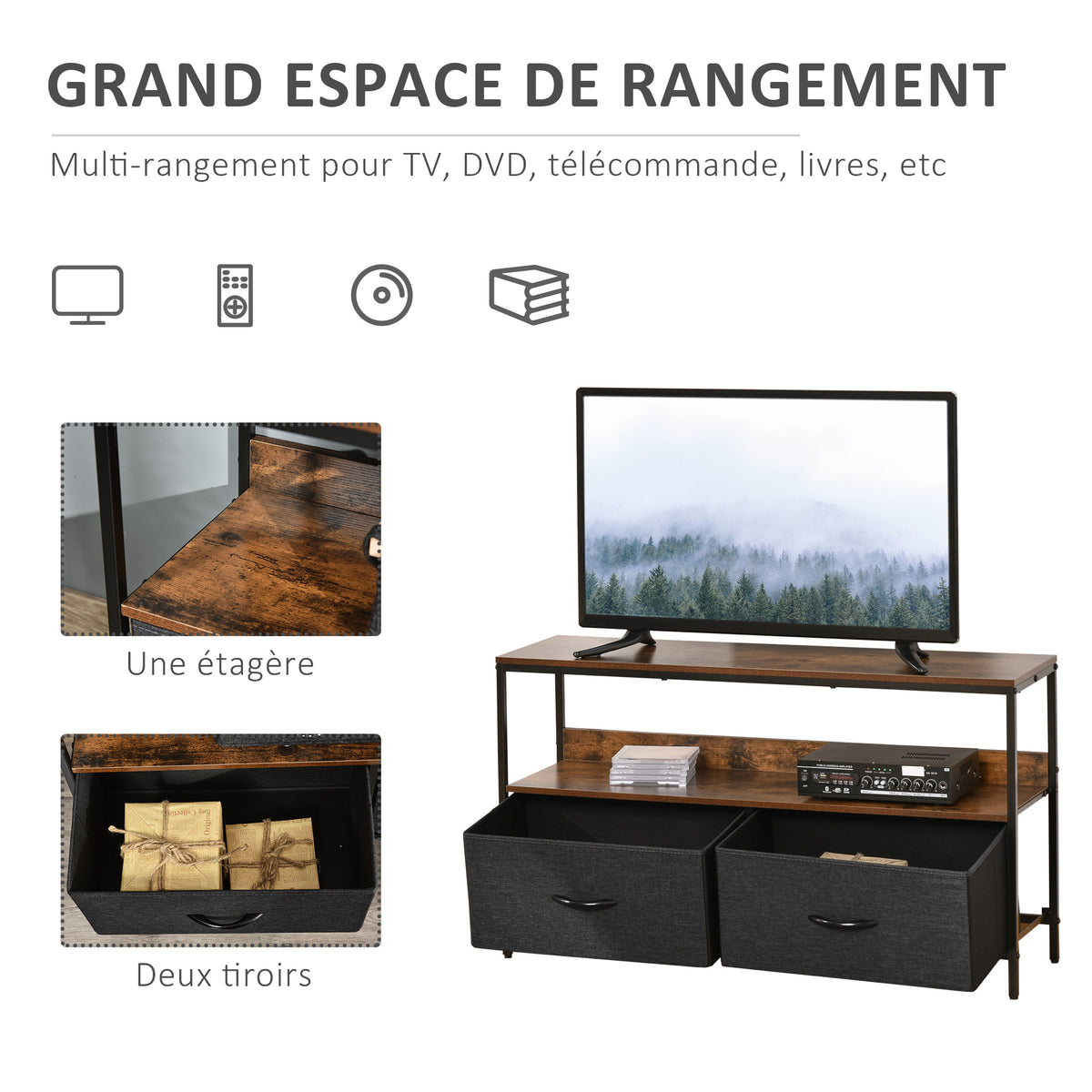 Meuble TV Bas sur Pieds Style Industriel 2 tiroirs en Tissu Gris MDF Brun Rustique et métal Noir-4