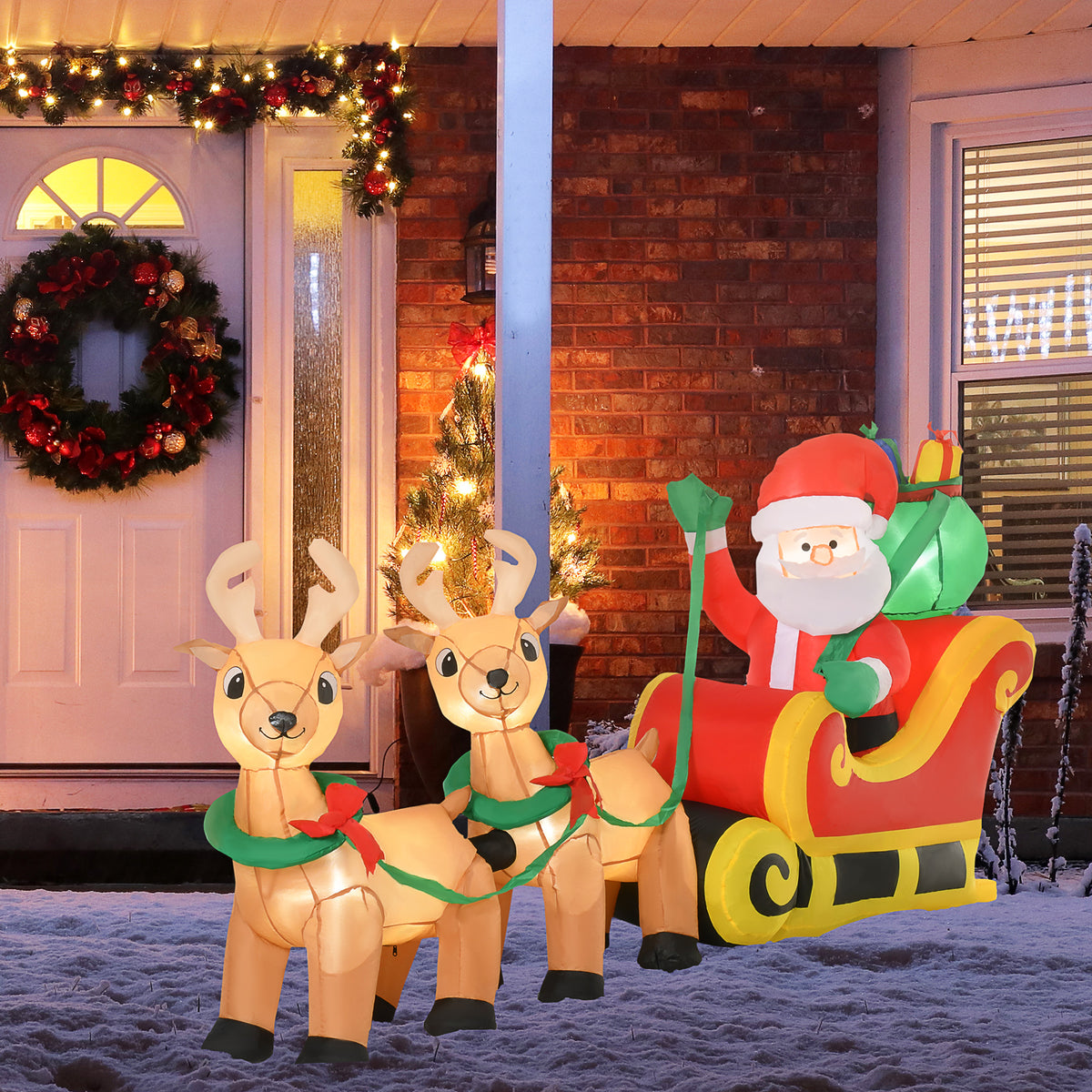 Père Noël Gonflable LED dim. 240L x 57l x 112H cm avec traîneau, Rennes, hotte 6 LED Polyester imperméable-1