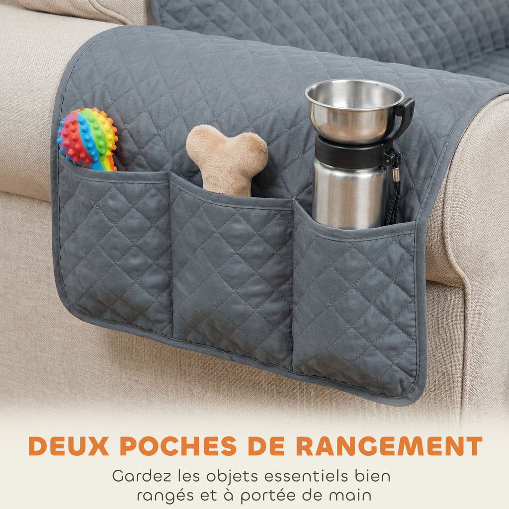 Housse de Canapé Protecteur de Meubles 3 Places Imperméable Anti-glisse avec Poches de Rangement Gris-5