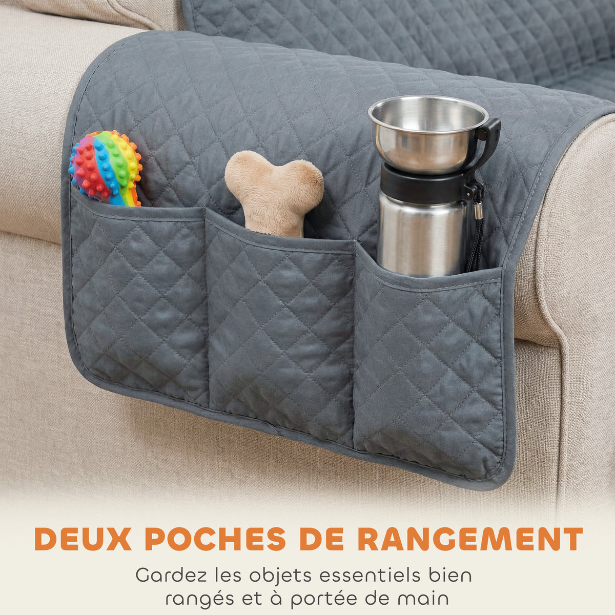 Housse de Canapé Protecteur de Meubles 3 Places Imperméable Anti-glisse avec Poches de Rangement Gris-5
