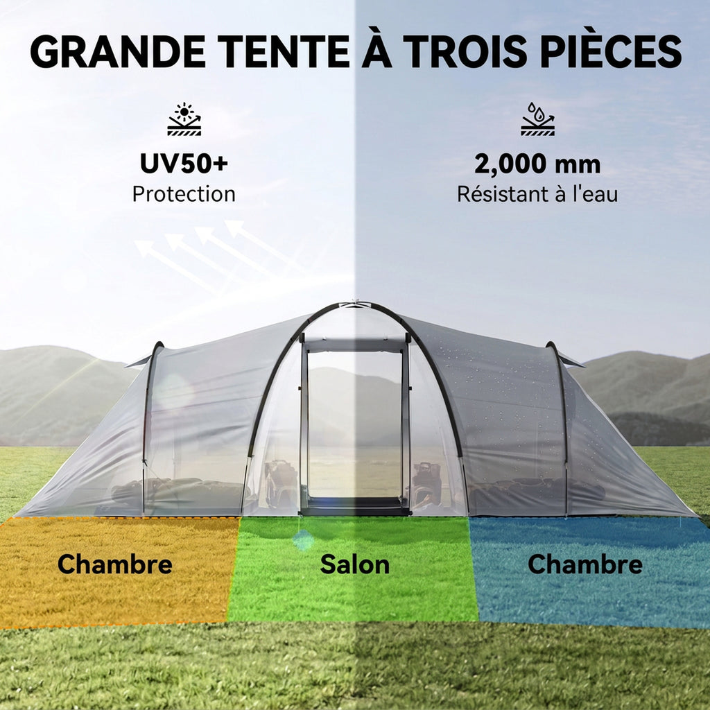 Tente de camping familiale 4 personnes dôme 2 chambres 1 séjour et 1 auvent anti-UV Imperméable 2000 mm multicolore