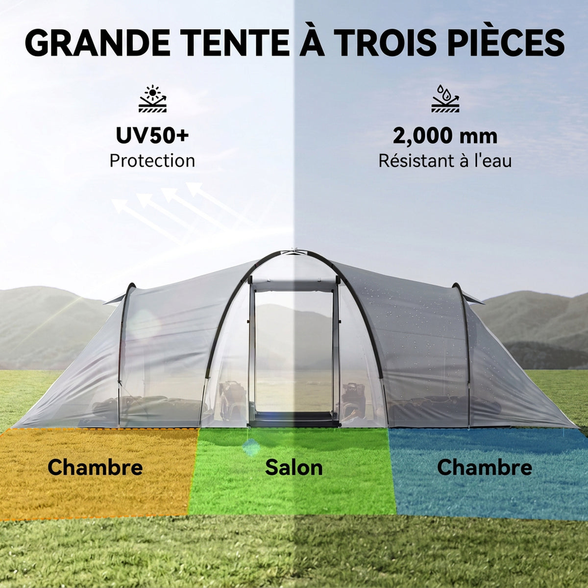 Tente de camping familiale 4 personnes dôme 2 chambres 1 séjour et 1 auvent anti-UV Imperméable 2000 mm multicolore-3