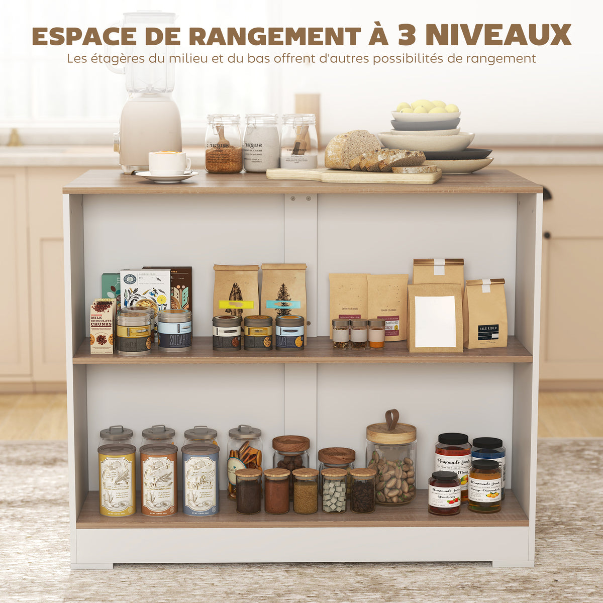 Table de bar, table haute cuisine à 3 niveaux 2 compartiments ouverts, plateau effet bois naturel 113 x 60 x 90 cm blanc-3