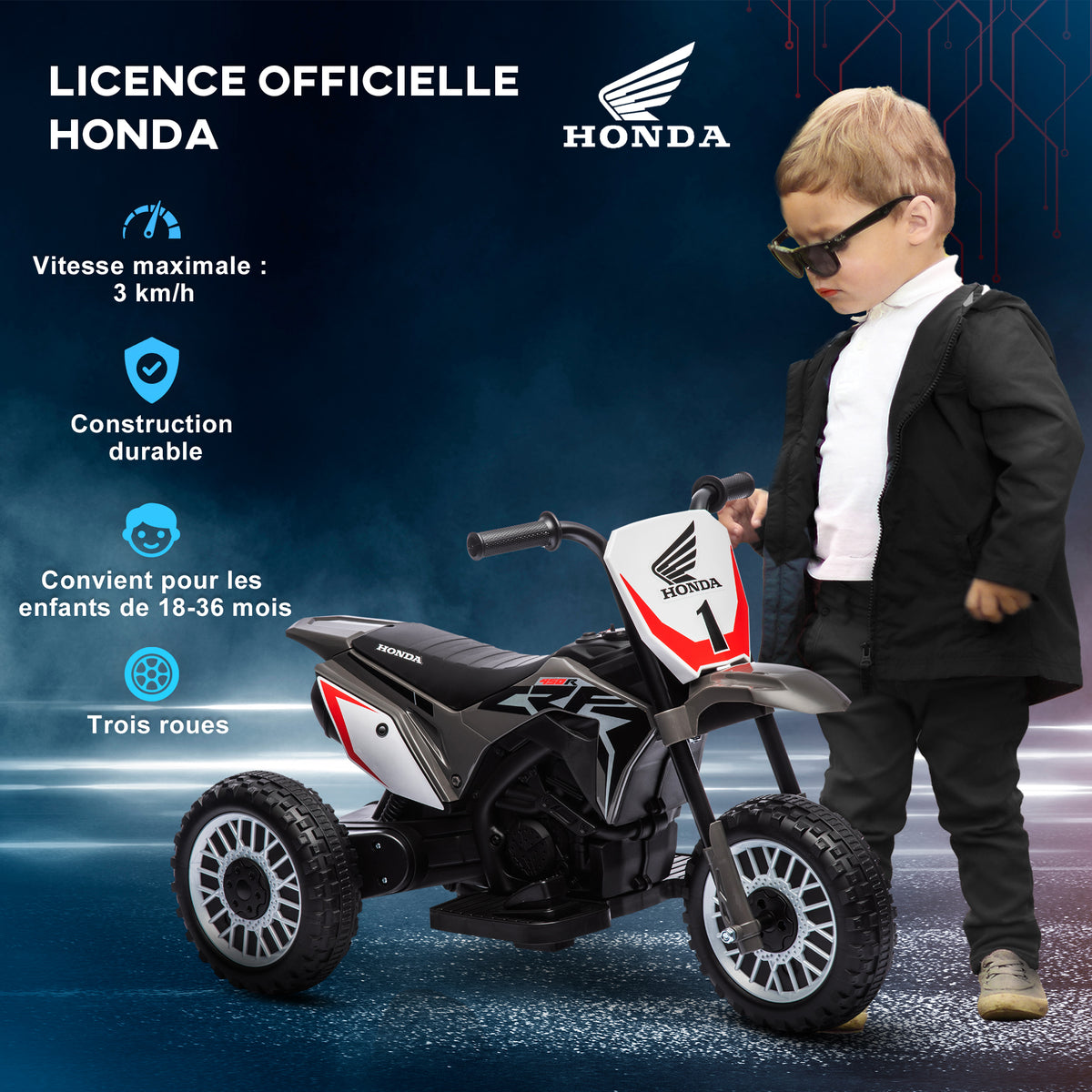 Moto cross éléctrique pour enfant licence Honda CRF450RL 3 roues batterie 6V enfants 18-36 mois gris-3