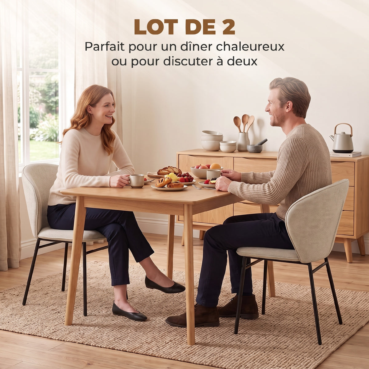 Lot de 2 chaises de salle à manger assise rembourrée en tissu aspect lin pieds en acier stable design moderne crème-3
