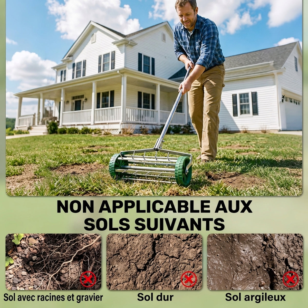 Rouleau aérateur pour pelouse avec manche réglable en 3 sections 139 x 43,5 x 15 cm Vert-6