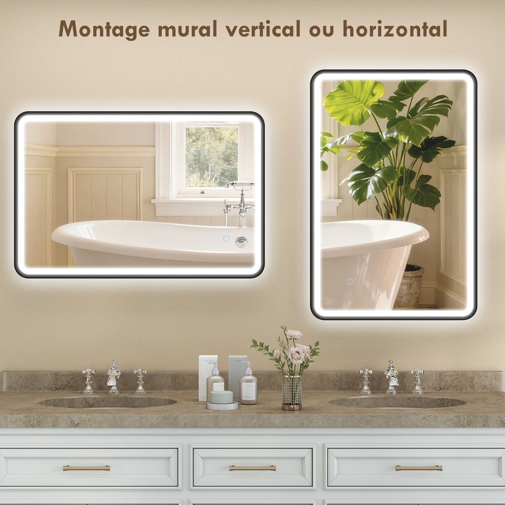 Miroir salle de bain avec éclairage 90 x 60 cm, miroir LED mural, anti-buée, 3 couleurs lumière, dimmable, noir-8