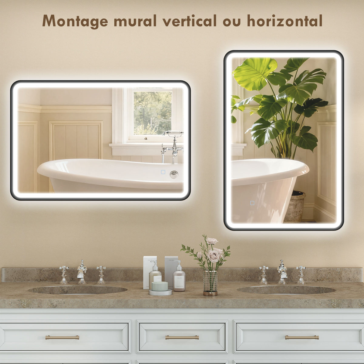 Miroir salle de bain avec éclairage 90 x 60 cm, miroir LED mural, anti-buée, 3 couleurs lumière, dimmable, noir-8