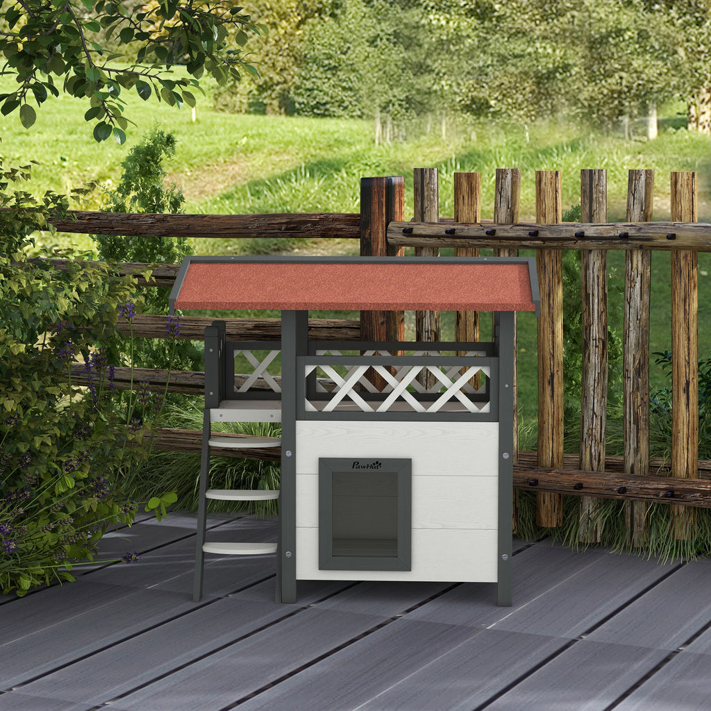Cabane Chat Extérieur avec Terrasse, Escalier, Toit, Niche Villa, 77 x 50 x 73 cm Blanc et Rouge-6