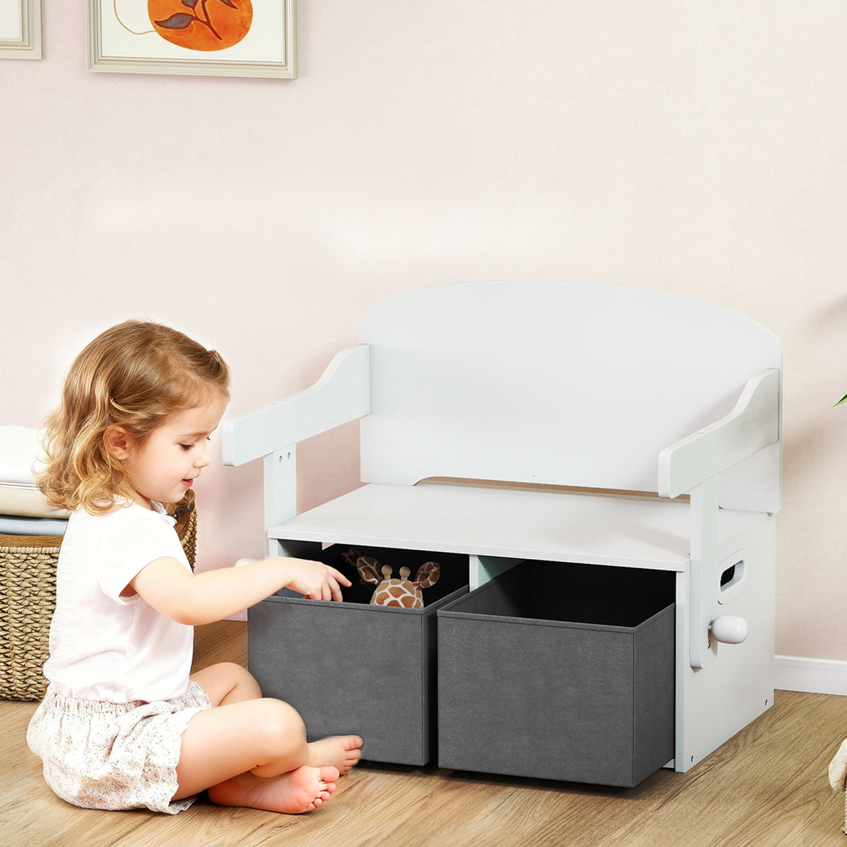 Coffre à jouet enfant 3 en 1, ensemble table et chaises avec 2 bacs en tissu amovibles, 67,5 x 46,5 x 56,7 cm, blanc-1