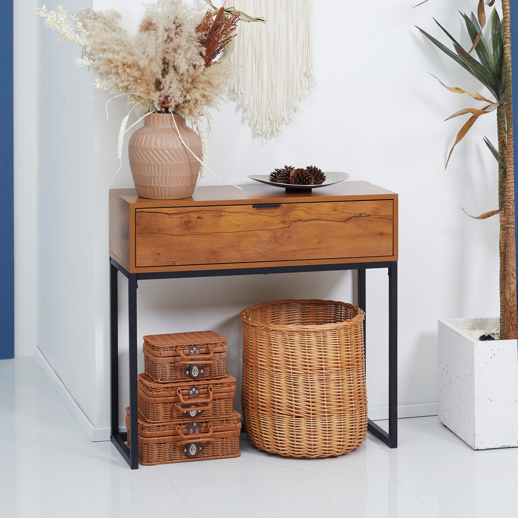 Console meuble, table console avec tiroir et pieds en acier, pour salon, entrée, couloir, 80 x 30 x 76 cm, marron-9