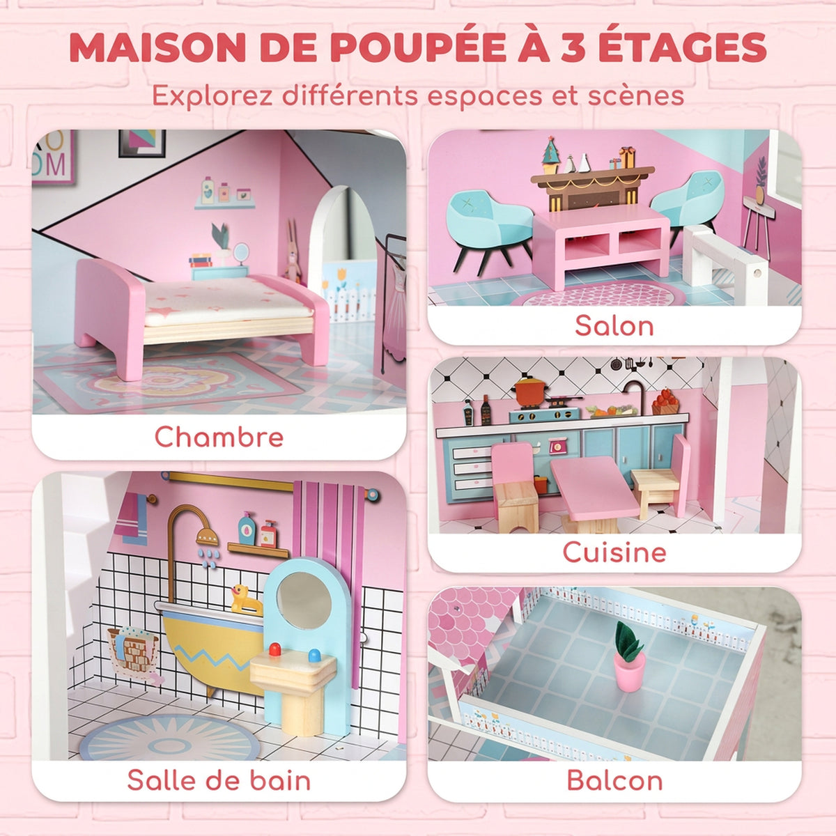 Maison de Poupée en Bois pour Enfants, Maison de Rêve Filles à 3 Étages avec Balcon, Escaliers et 10 Accessoires, Rose-3