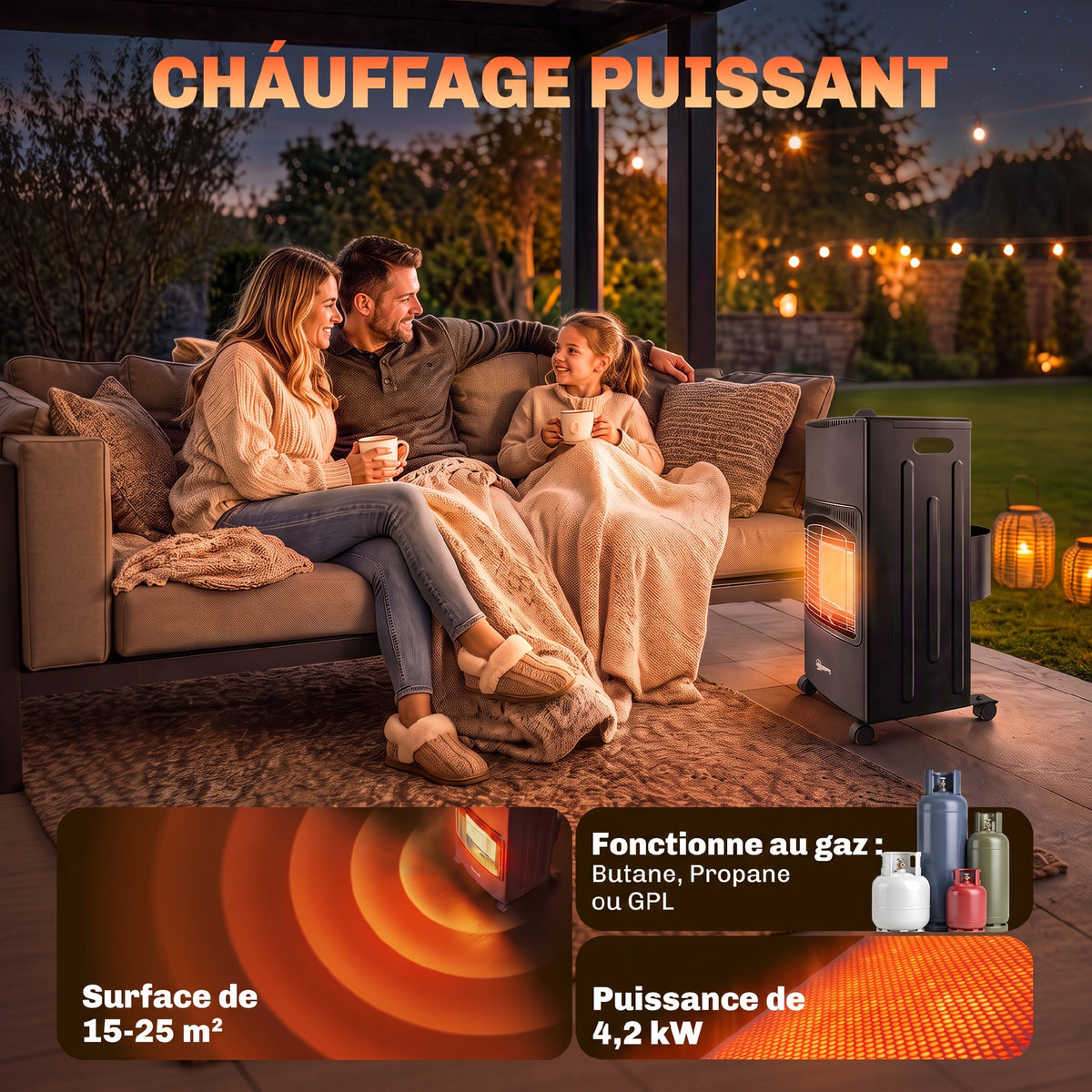 Chauffage au Gaz Poêle à Gaz 4200W Infrarouge Pliable 3 Puissances Système ODS Anti-Basculement Housse 46x42x75cm Noir-3