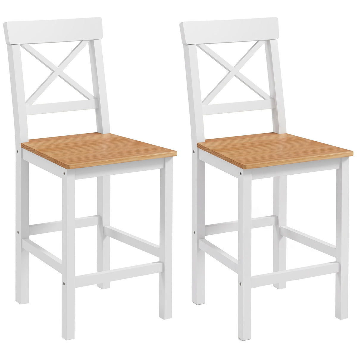 Lot de 2 tabourets de bar, chaises hautes campagne, dossier haut et repose-pieds, 41x46x97,5cm, blanc et bois naturel-0