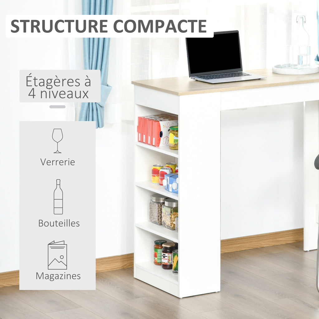 Table de bar pour 2 personnes, table haute mange debout avec 4 étagères ouvertes, 115x50x102,7cm, blanc et bois naturel-3