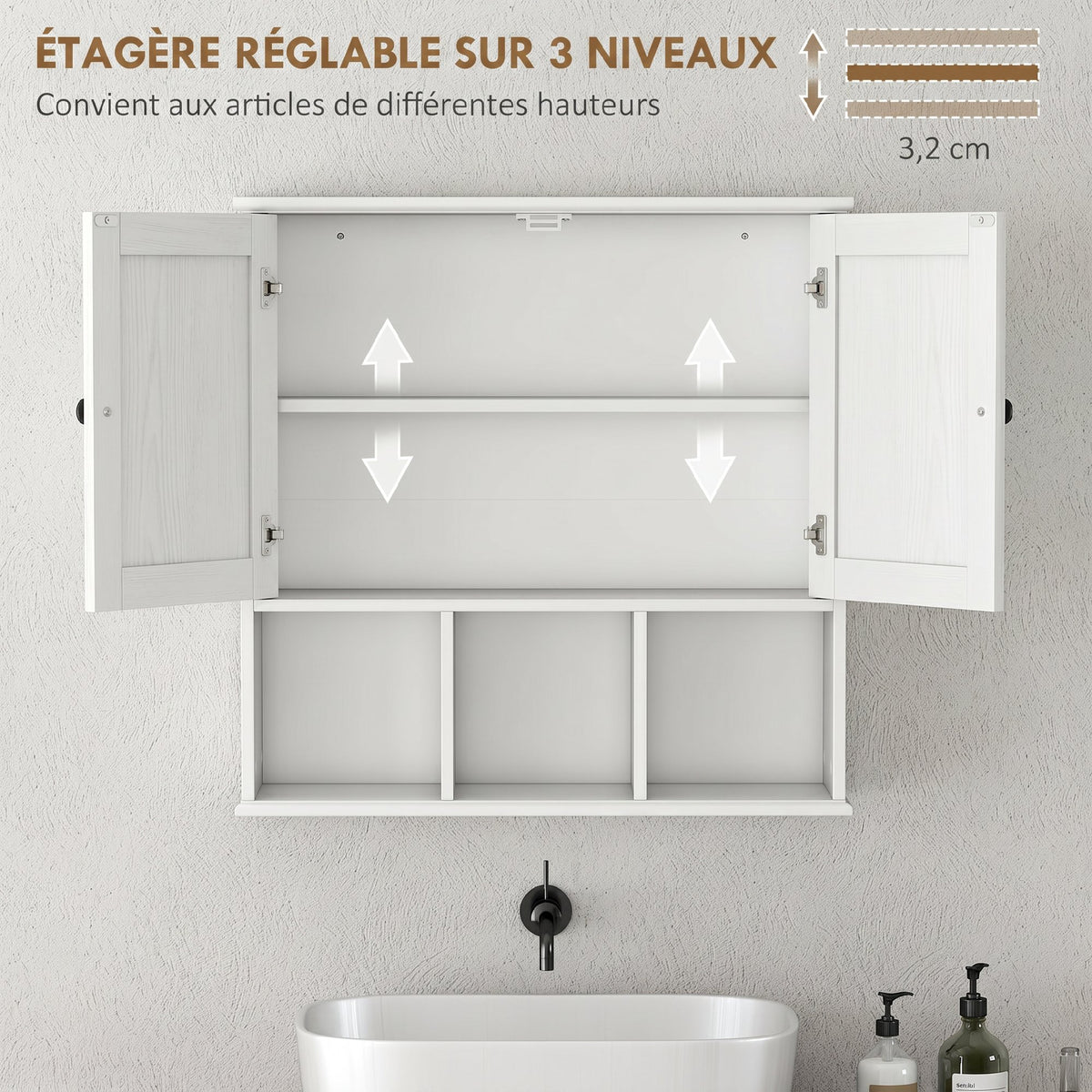 Armoire murale de salle de bain, meuble de rangement avec 2 portes, étagère réglable et compartiments ouverts, blanc-5