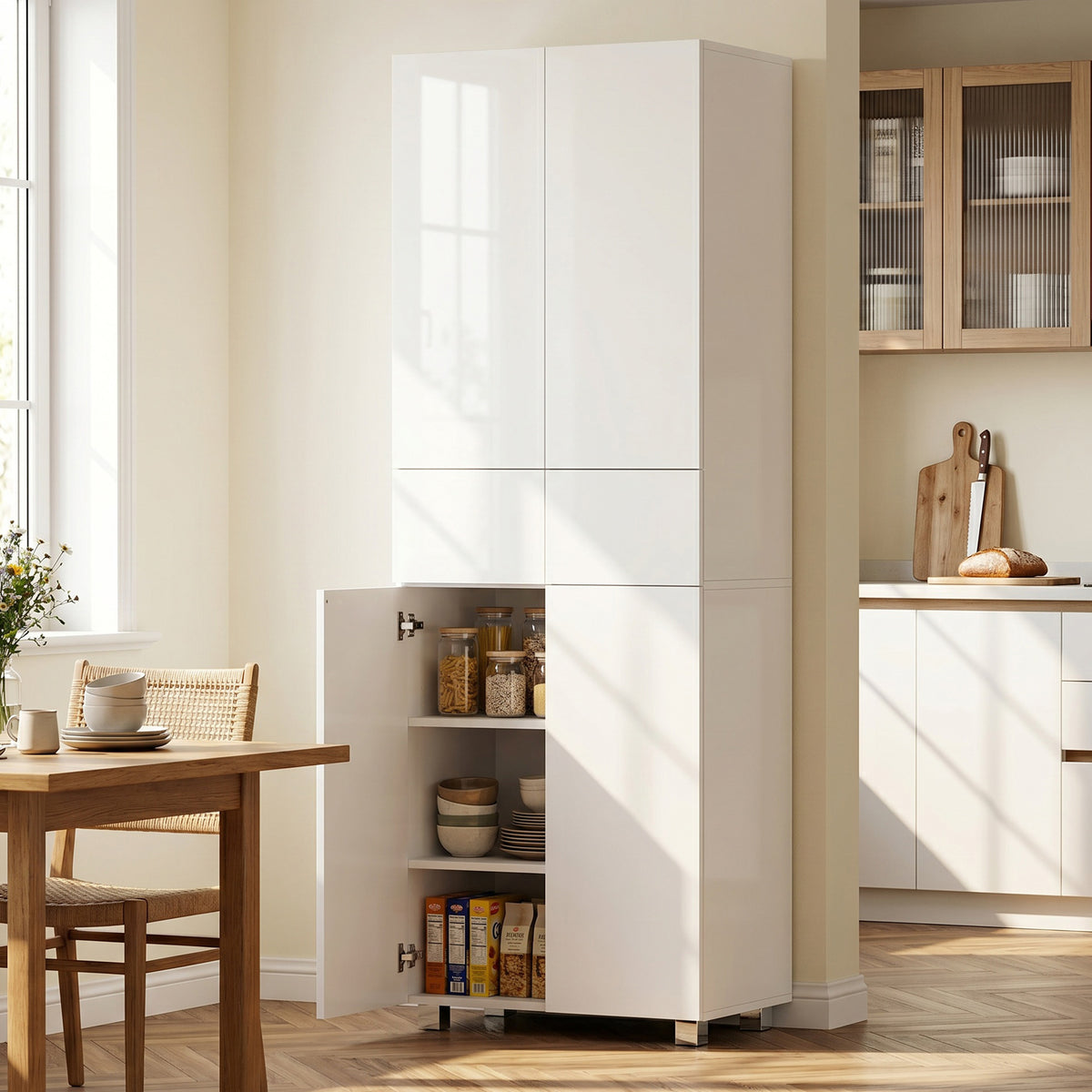 Armoire de cuisine meuble de rangement buffet 4 portes avec étagères réglables - dim. 60L x 35l x 170H cm blanc laqué-1