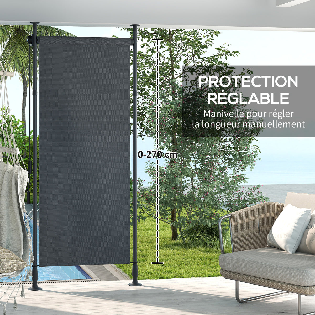 Store manuel rétractable sur pied longueur réglable manivelle installation sans perçage métal alu. polyester gris foncé-4