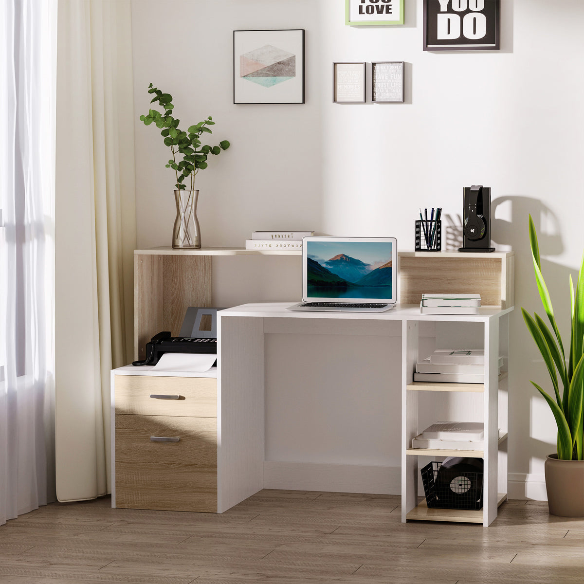 Bureau informatique avec 2 tiroirs, bureau avec rangement, 137 x 55 x 92 cm, étagères ouvertes et tablette-6