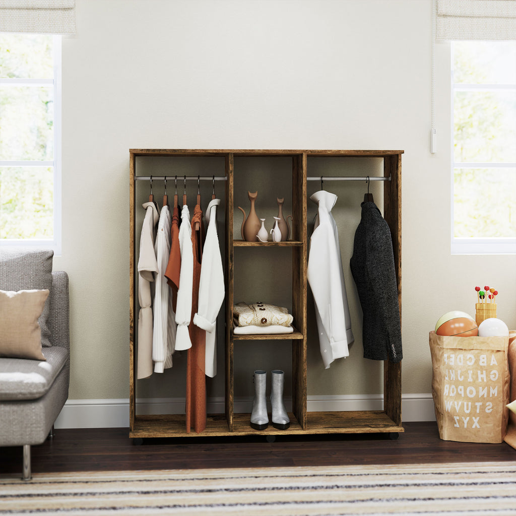 Armoire penderie meuble de rangement mobile 6 roulettes 120 x 40 x 128 cm en bois marron-6
