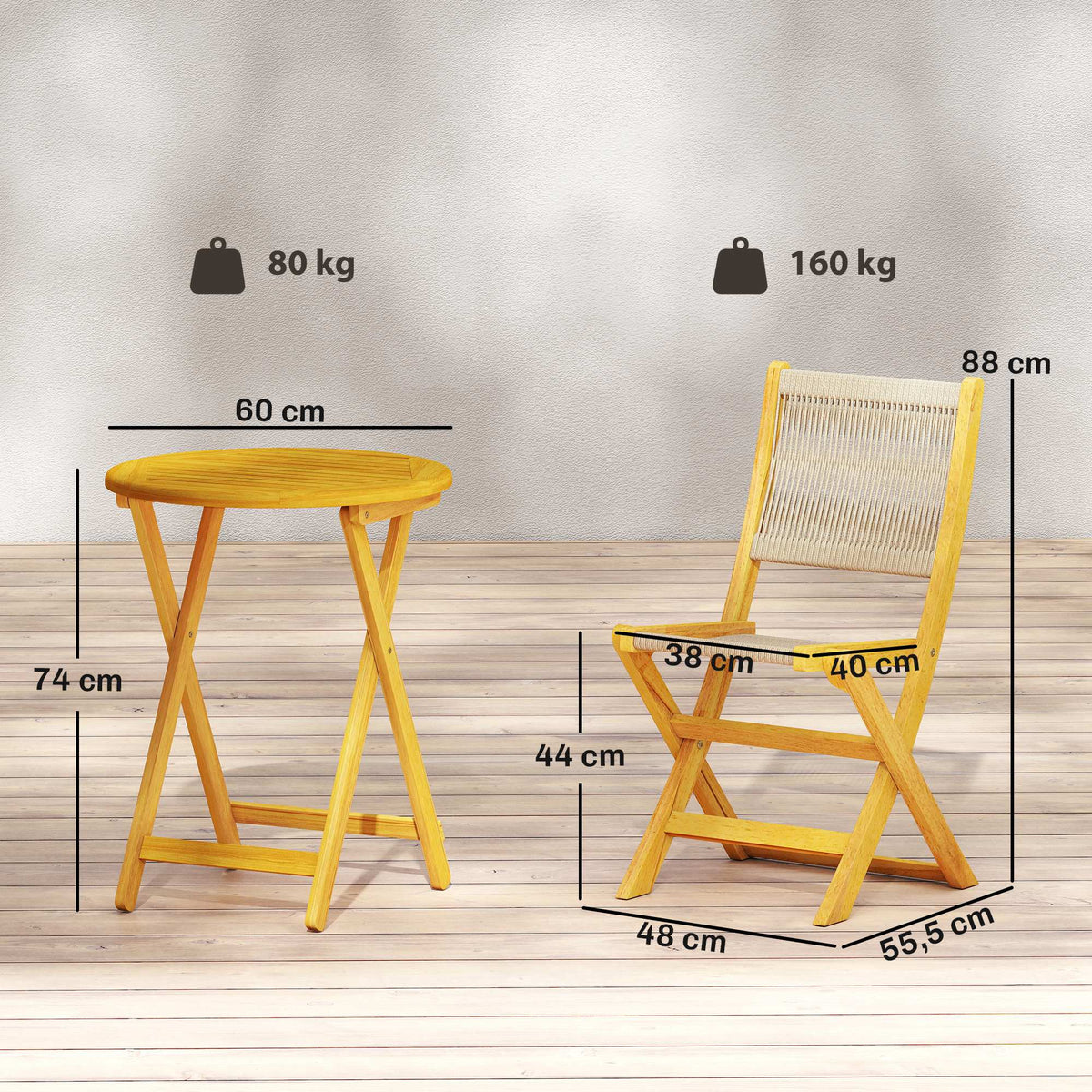 Salon de Jardin Ensemble Bistro 3 Pièces Table Ronde et 2 Chaises Pliables Design Boho Bois d'Acacia Cordage PP Naturel-2
