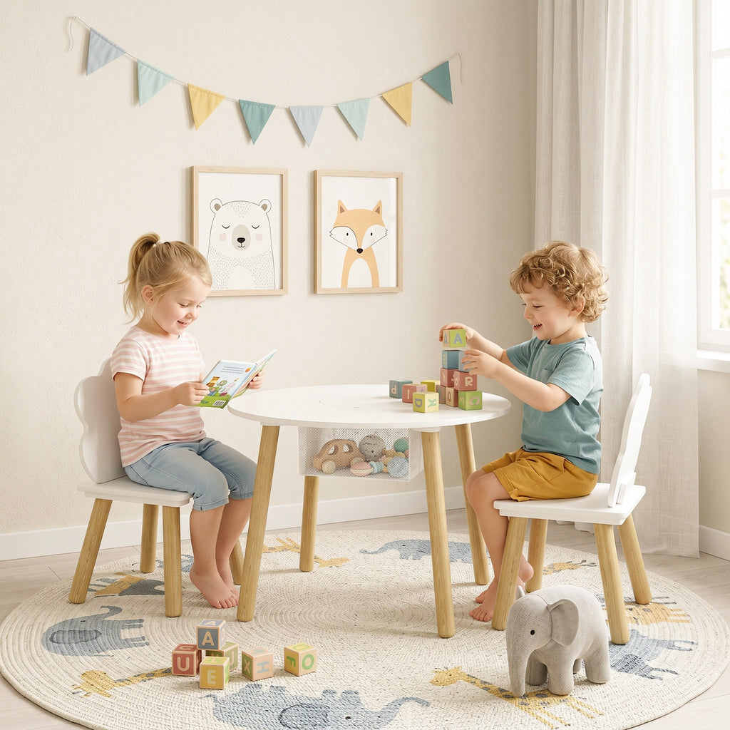Table enfant avec chaise, ensemble table et 2 chaises en bois avec sac de rangement pour dessiner, jouer, étudier, blanc-8