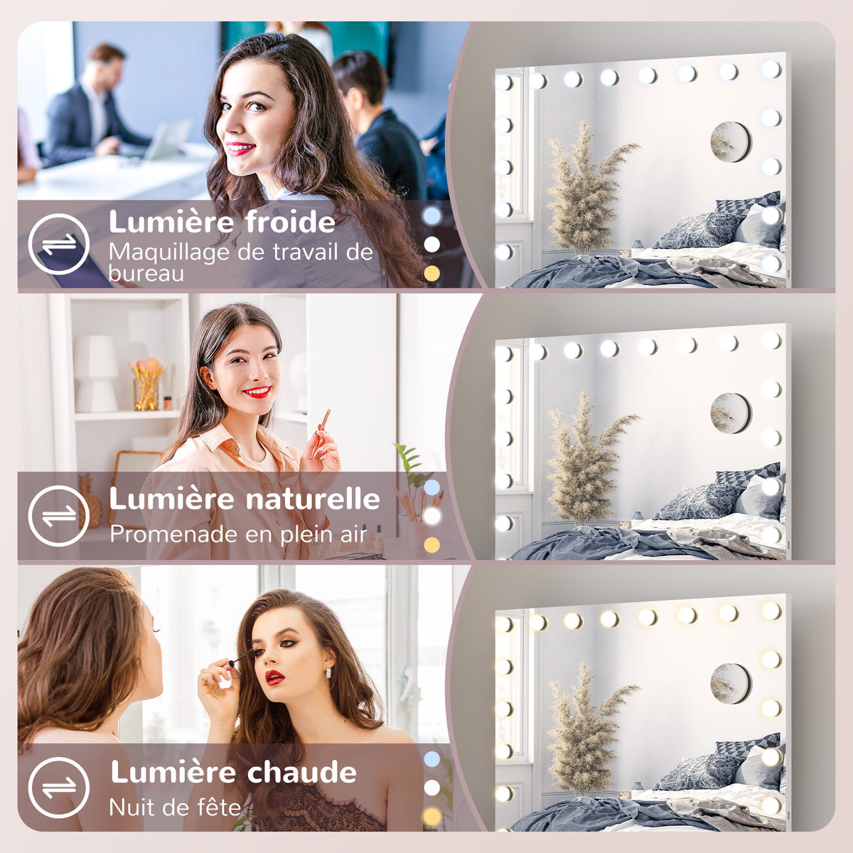 Miroir maquillage lumineux LED intensité réglable miroir grossissant port de charge USB, 80 x 62 cm-4