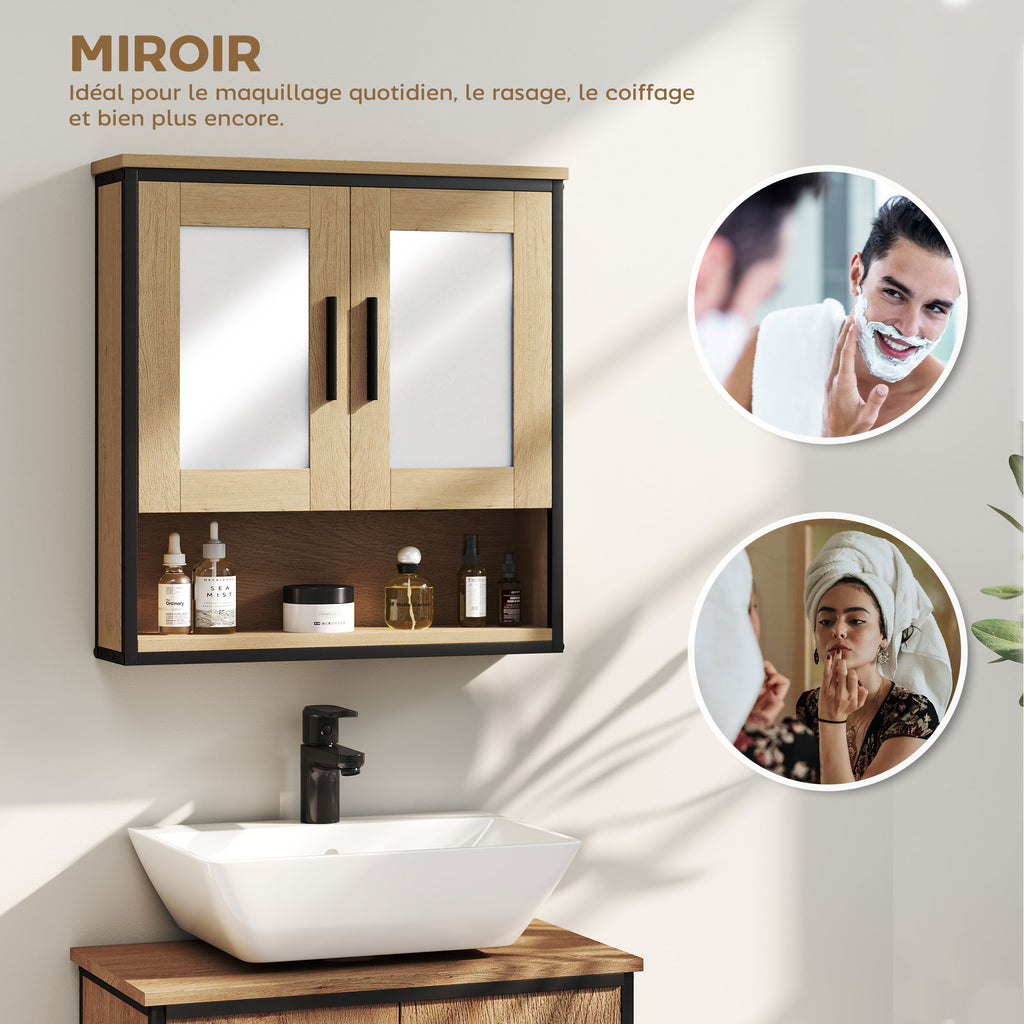 Armoire murale salle de bain avec miroir, meuble salle de bain avec compartiment ouvert et étagère réglable, chêne-3