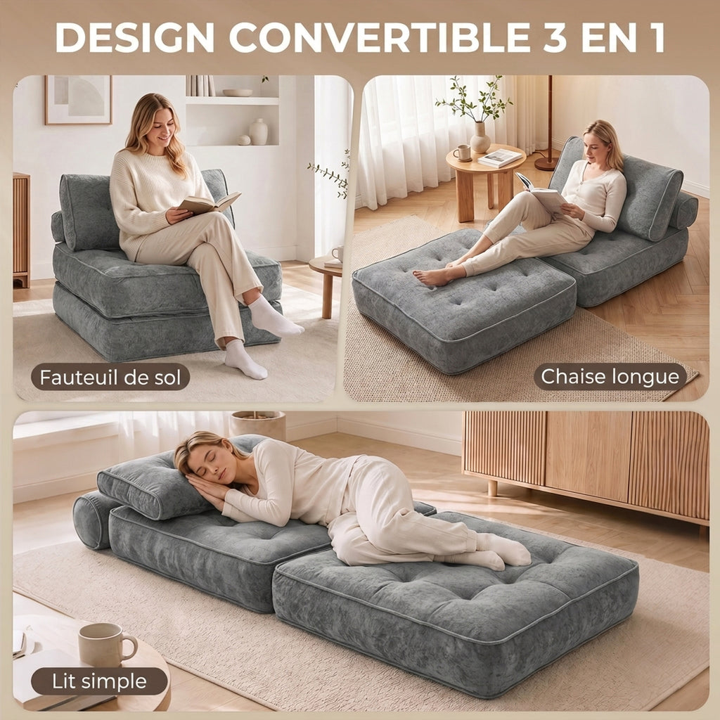 Fauteuil Convertible 1 Place 95 x 220 cm avec 2 Oreillers, Siège Épais, Fauteuil-Lit Chauffeuse 3 en 1, Gris Clair-3