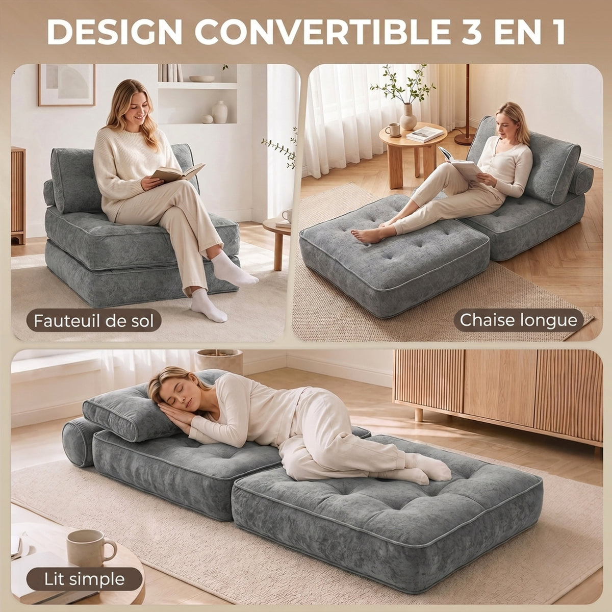 Fauteuil Convertible 1 Place 95 x 220 cm avec 2 Oreillers, Siège Épais, Fauteuil-Lit Chauffeuse 3 en 1, Gris Clair-3