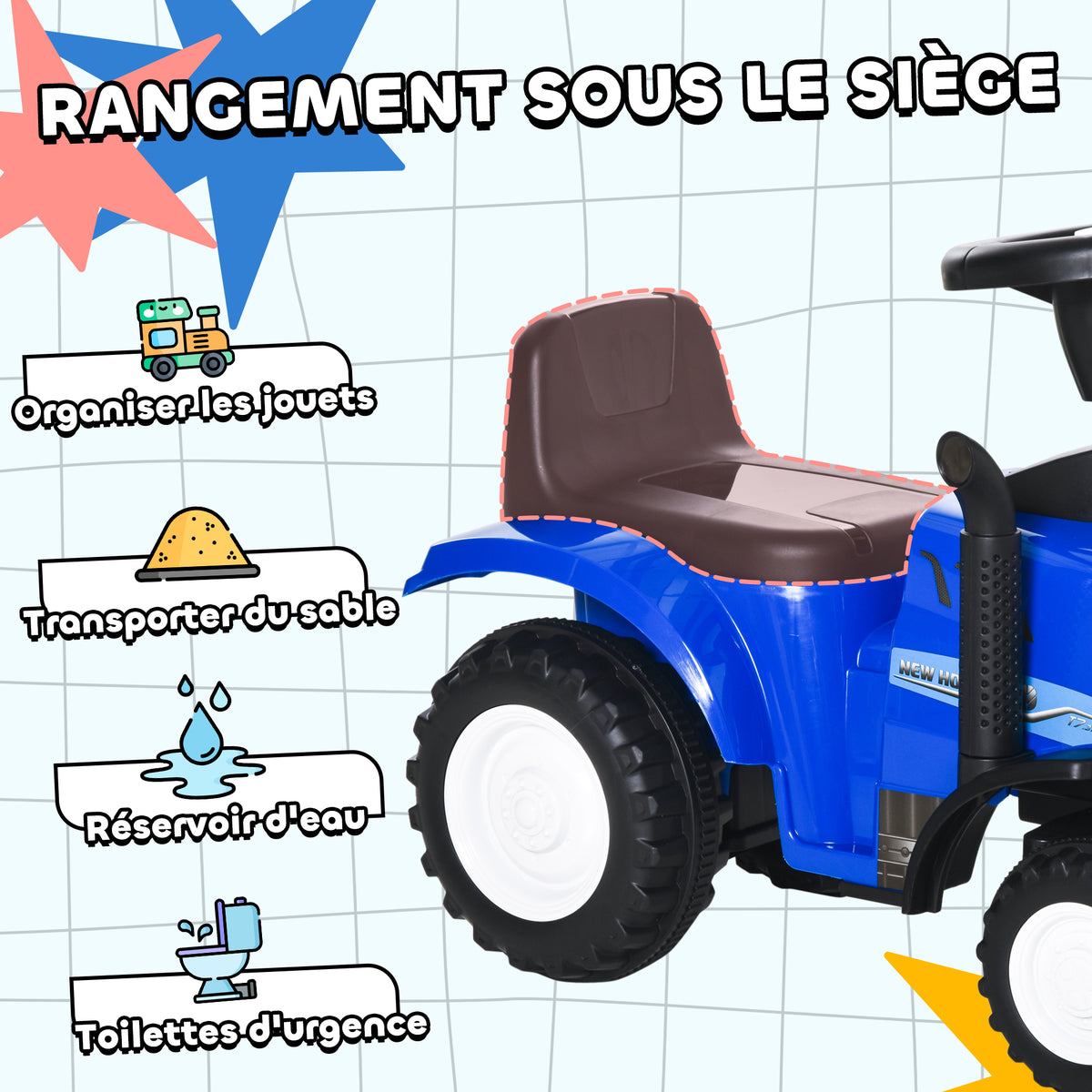 Porteur tracteur enfants avec coffre amovible, râteau et pelle, voiture enfants avec lumière LED et klaxon, bleu-4
