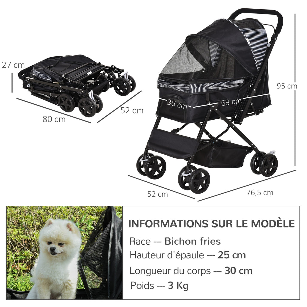 Poussette pour chien animaux de compagnie pliable 4 roues EVA guidon réglable panier 76,5 x 52 x 95 cm-2