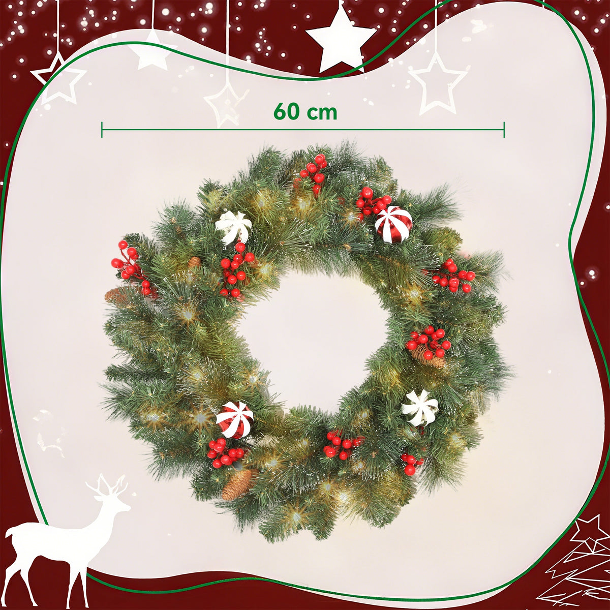 Couronne de Noël lumineuse 60 cm avec 50 LED, minuterie, 146 pointes, pommes de pin, baies, boules décoratives, vert-2
