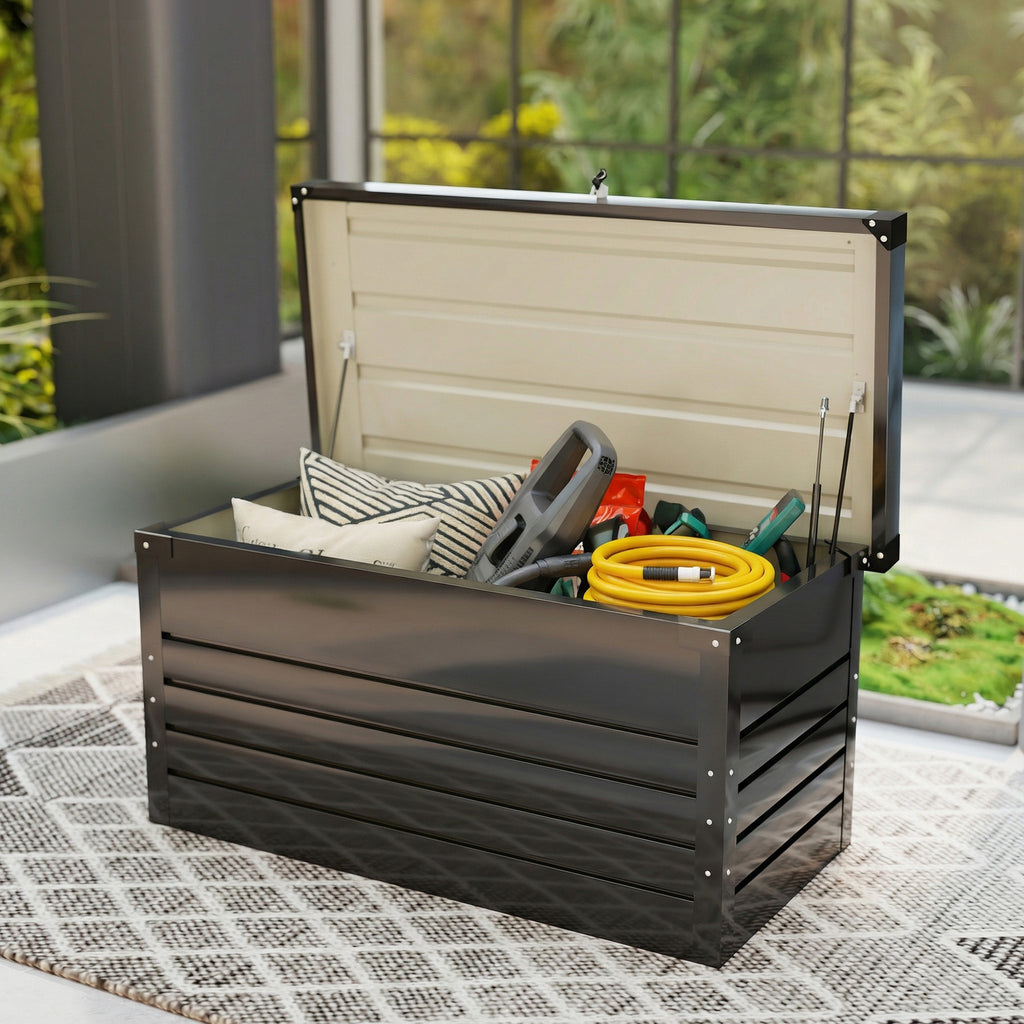 Coffre de rangement métal boîte de jardin 350L double vérins à gaz  verrouillable pour coussins outils gris anthracite-9