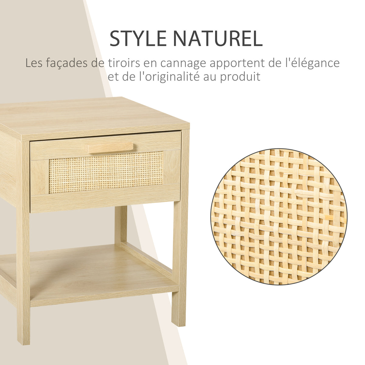 Table de chevet table de nuit avec tiroir et étagère, cannage en rotin, 40L x 40l x 48H cm aspect bois naturel-4