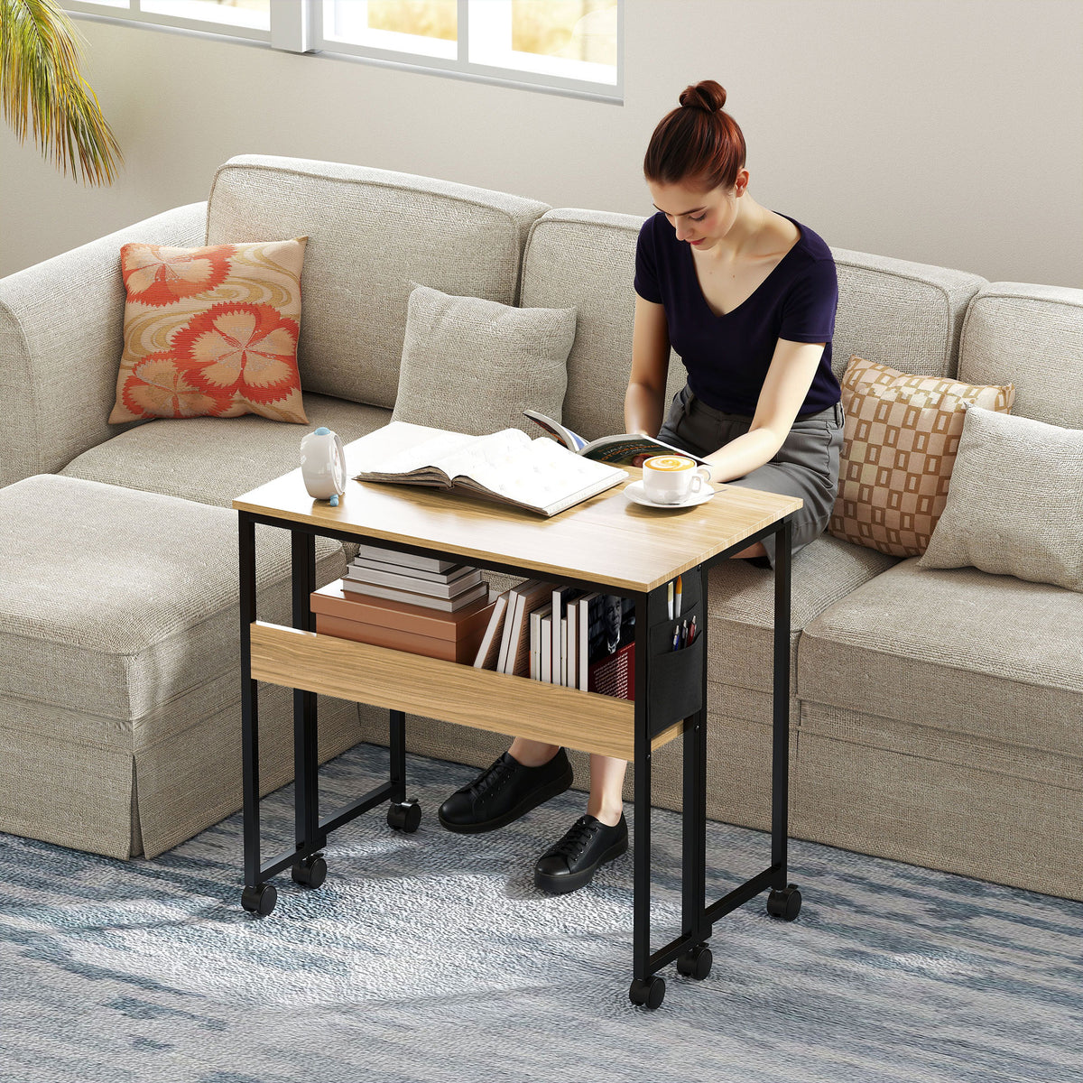Bureau pliable sur roulettes 80 x 50 cm avec étagère et sac de rangement, chêne-9