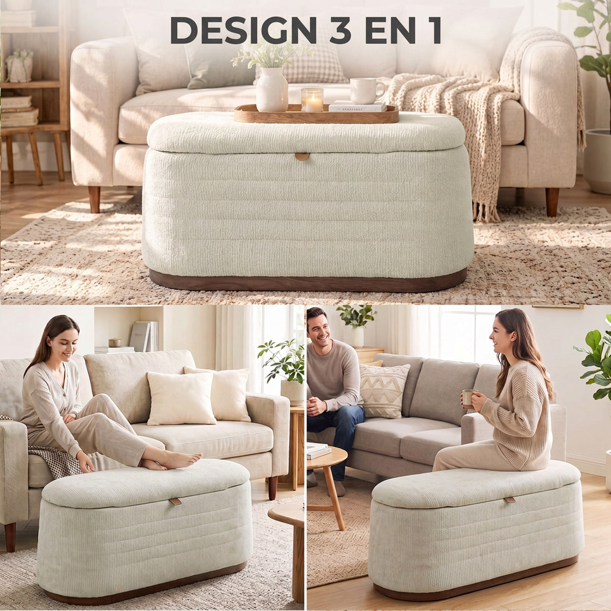 Banc de Rangement Ovale Moderne en Tissu Chenille, Bout de Lit Coffre Charge 220 kg, 91 x 40,5 x 45 cm, Beige-3