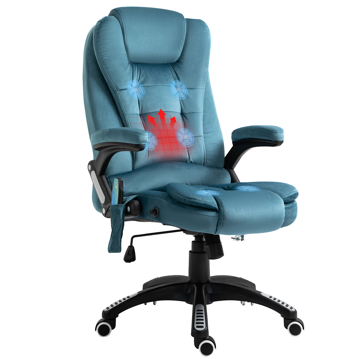 Fauteuil de bureau massant et chauffant, chaise de bureau, chaise ergonomique avec hauteur réglable, dossier inclinable et télécommande filaire, pivotant à 360° tissu en polyester bleu-0