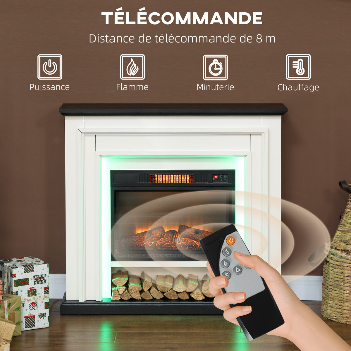 Cheminée électrique 1800W, fausse cheminée décorative lumières LED RGB, effet flamme, manteau, 105 x 27 x 97 cm, noir-5