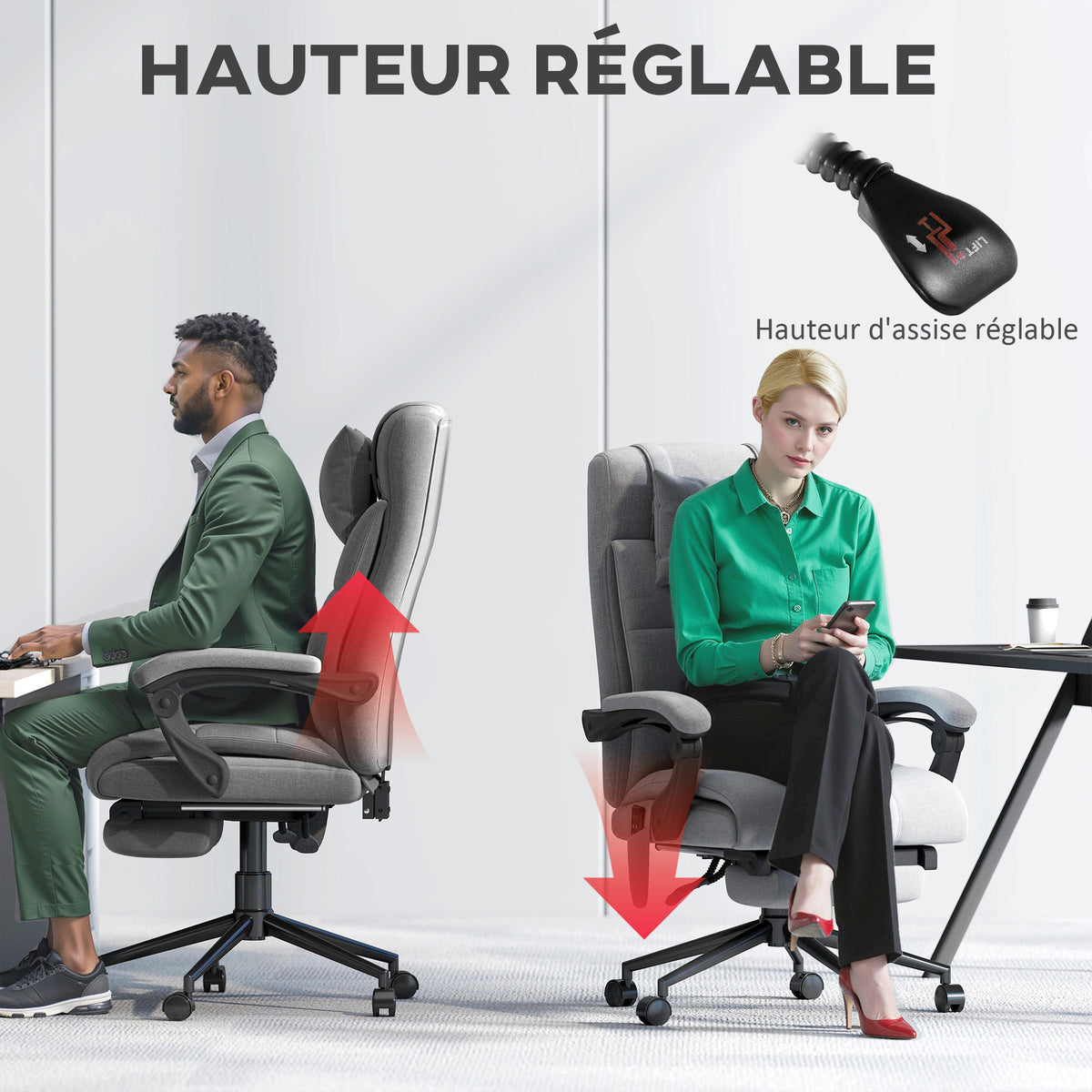 Chaise de bureau de massage chauffante réglable en hauteur de 116-124 cm ergonomique inclinable tissu effet lin, gris-4
