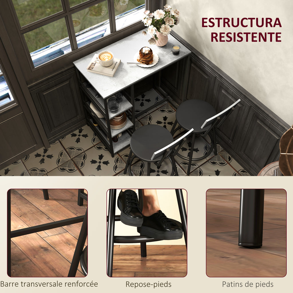 Ensemble table de bar avec 2 tabourets et étagères de rangement pour salle à manger, cuisine, gris et noir-6
