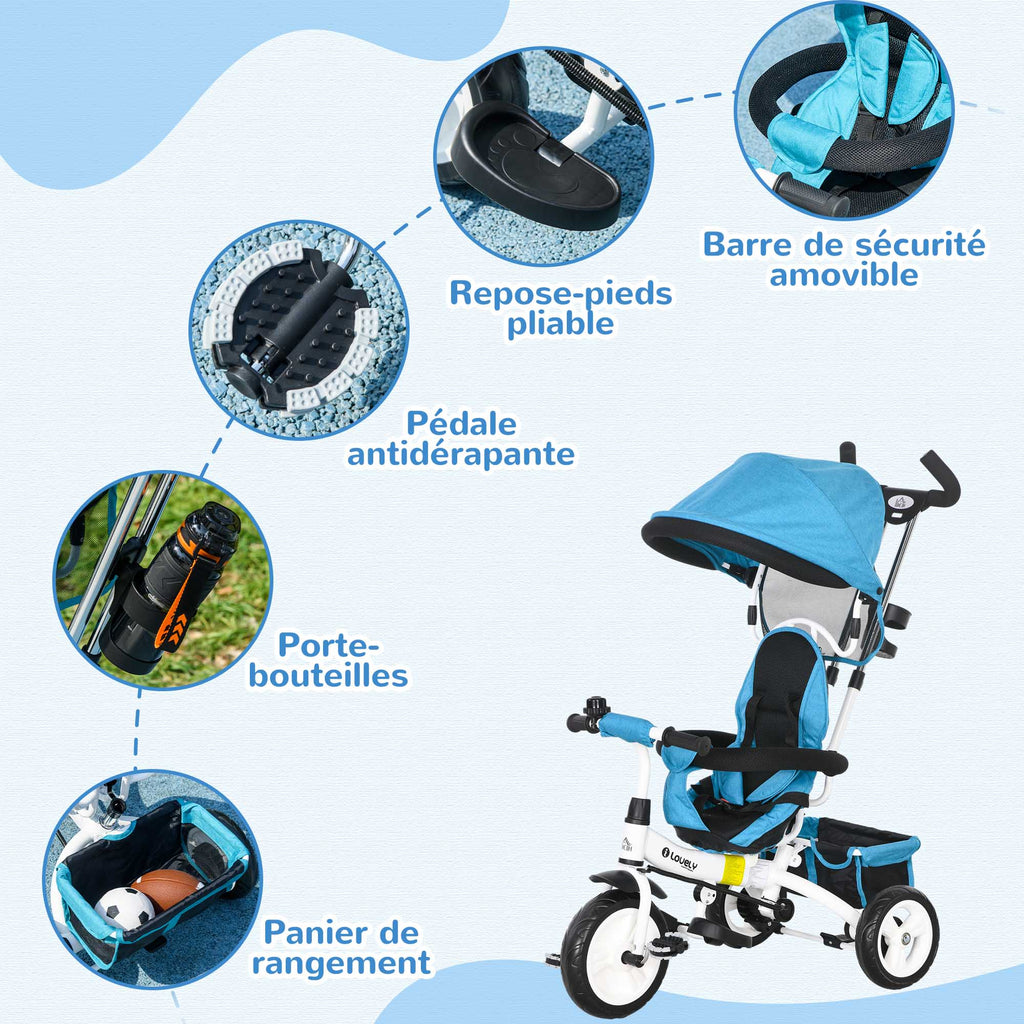 Tricycle 6 en 1 pour enfants, auvent, ceinture de sécurité 5 points, rangement, repose-pieds, frein, 1-5 ans, bleu-5