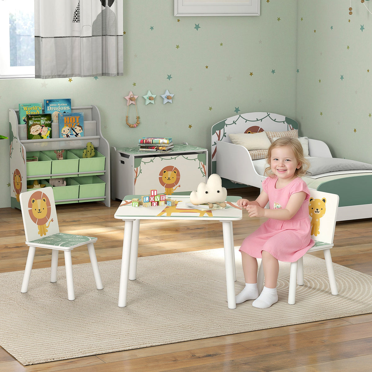 Table enfant avec chaise, ensemble table et 2 chaises enfant en bois, motifs animaux, 60 x 60 x 44 cm, vert-1